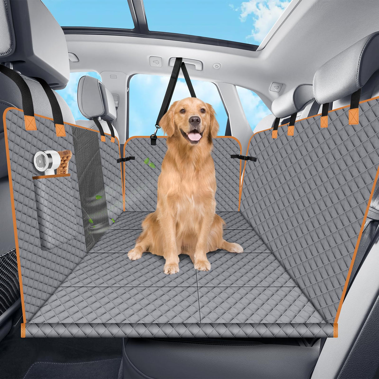 Lekespring Dog Car Seat Cover for Back Seat, Hard Bottom Holds 420lbs Dog Hammock for Cars SUVs Trucks, Easy to Clean, Waterproof Scratch-Proof Nonslip Backseat Extender for Dogs 4 Panels