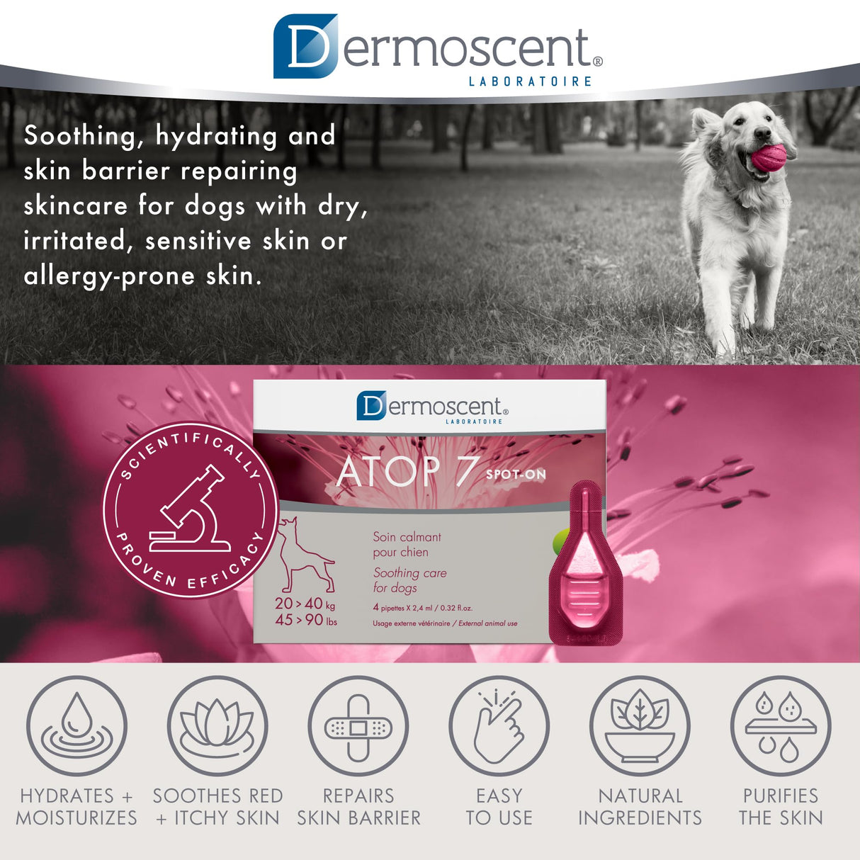 Dermoscent ATOP 7 spot-on - Large Dogs 45-90 lbs - Soothing Care for Sensitive, Dry and Itchy Skin or Allergy Prone Skin - Natural Ingredients - 4 pipettes