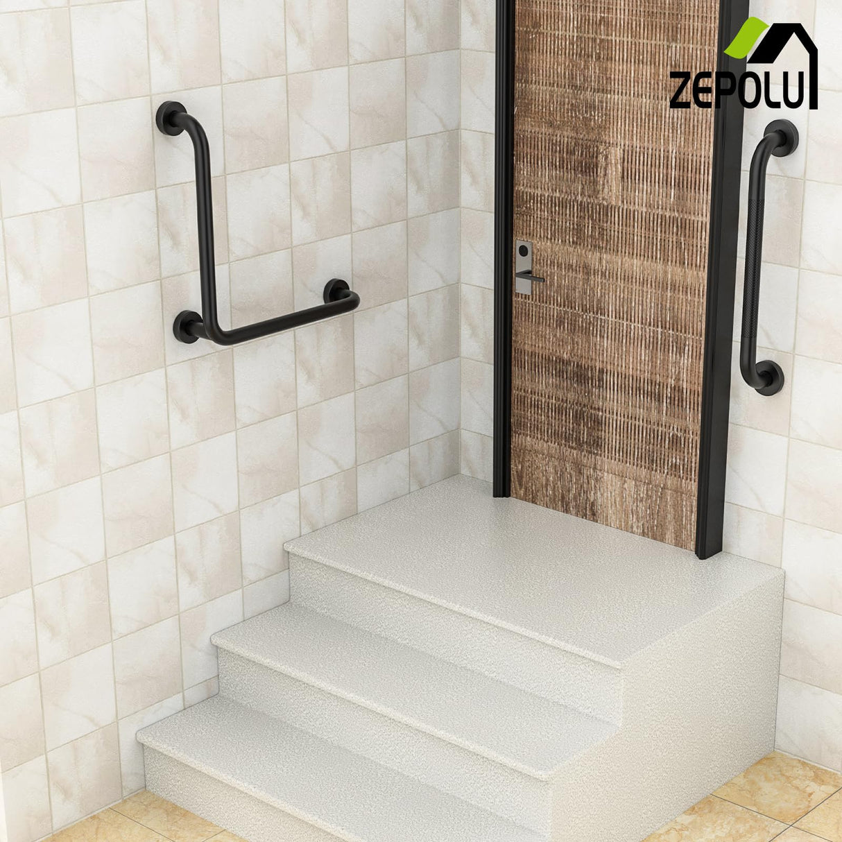 L-Shaped Shower Grab Bar 16x16 Inch, Zepolu Stainless Steel Matte Black Safety Grab Rail, Bathroom Mobility Aid Handrail, Wall Mounted Balance Support Bar Assist Handle for Senior Elderly Handicap