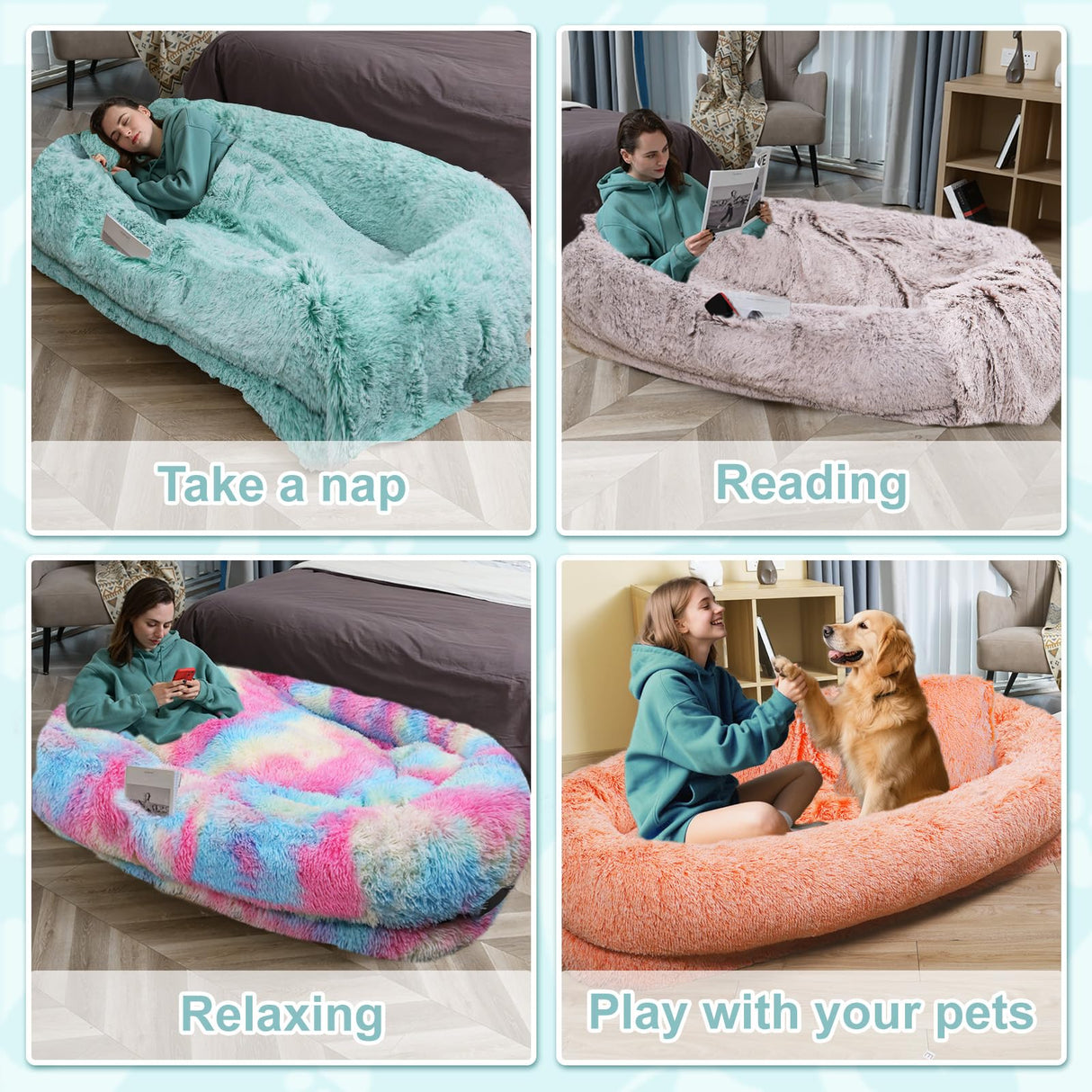YAEM Human Dog Bed for Adult and Pets - 71"x45"x12" Dogs Beds for Humans with Washable Faux Fur Cover, Plump Pillow, Blanket, Orthopedic Design, Strap-RustWhite