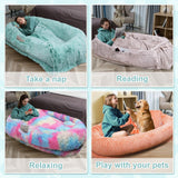YAEM Human Dog Bed for Adult and Pets - 71"x45"x12" Dogs Beds for Humans with Washable Faux Fur Cover, Plump Pillow, Blanket, Orthopedic Design, Strap-RustWhite