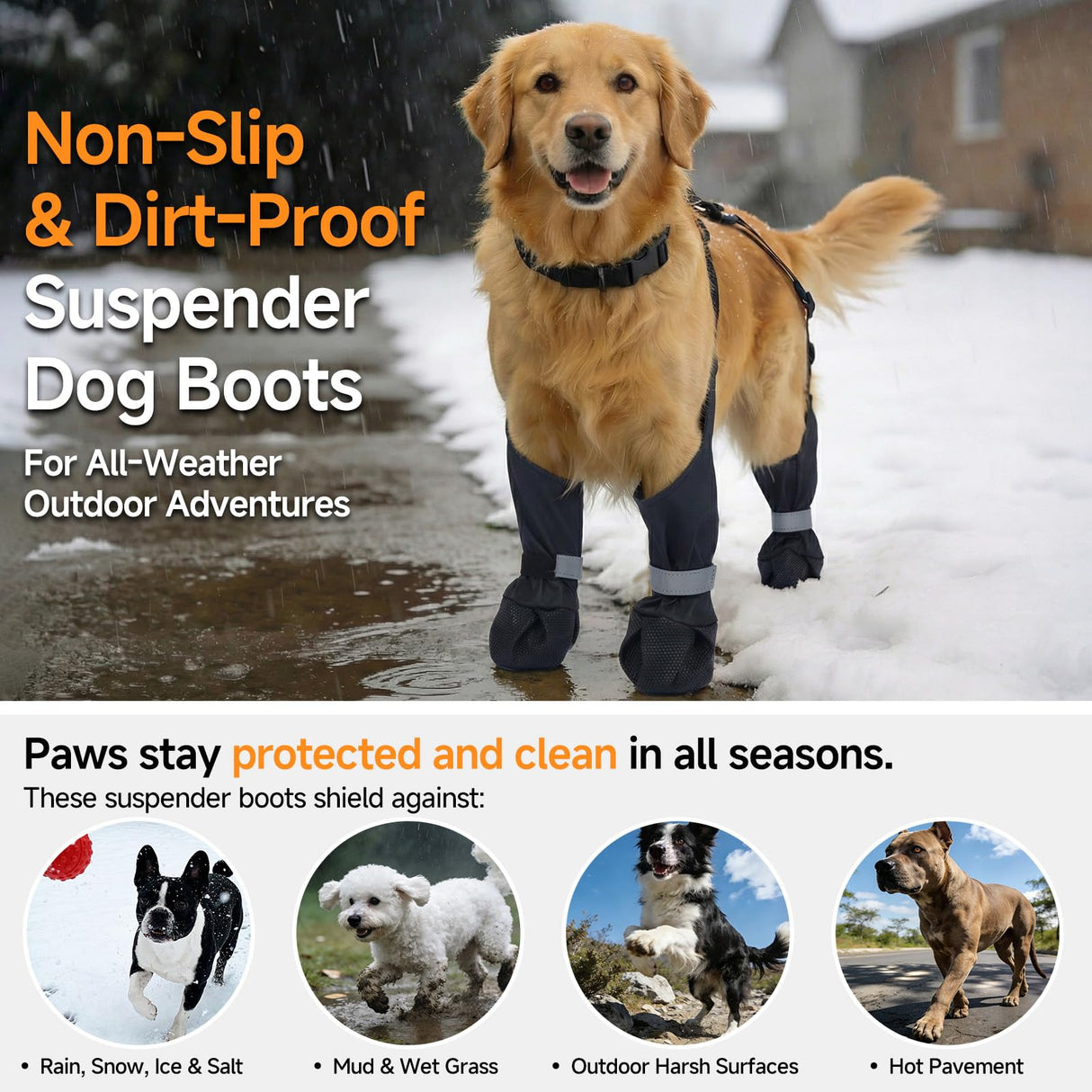 AuraPaw Dog Booties with Adjustable Suspenders for Outdoor Adventures – Reflective Paw Protectors for Rain, Snow & Mud, Anti-Slip & Dirt-Proof Boots Leggings, Waterproof Dogs Shoes, Black, Size L