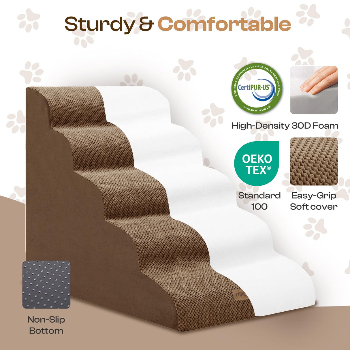 Miorun Extra Wide Dog Stairs for Large Dogs Up to 80lbs, 25" Pet Steps for High Bed with Washable Cover, 5-Step Foam Bed & Couch Ladder for Small Medium Dogs & Senior Cat, Coffee