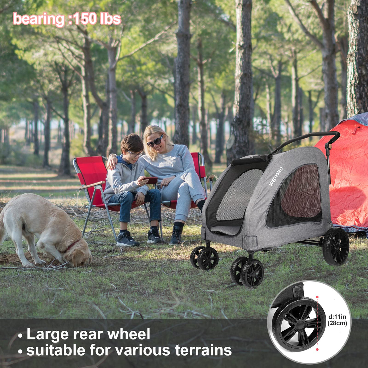 Dog Stroller for Extra Large Dogs, 4 Wheels Dog Cat Stroller, Foldable Pet Bike Trailer, Folding Carrier with Adjustable Handle, Sunroof, Rear Brake, Security Leash (Dark Grey)