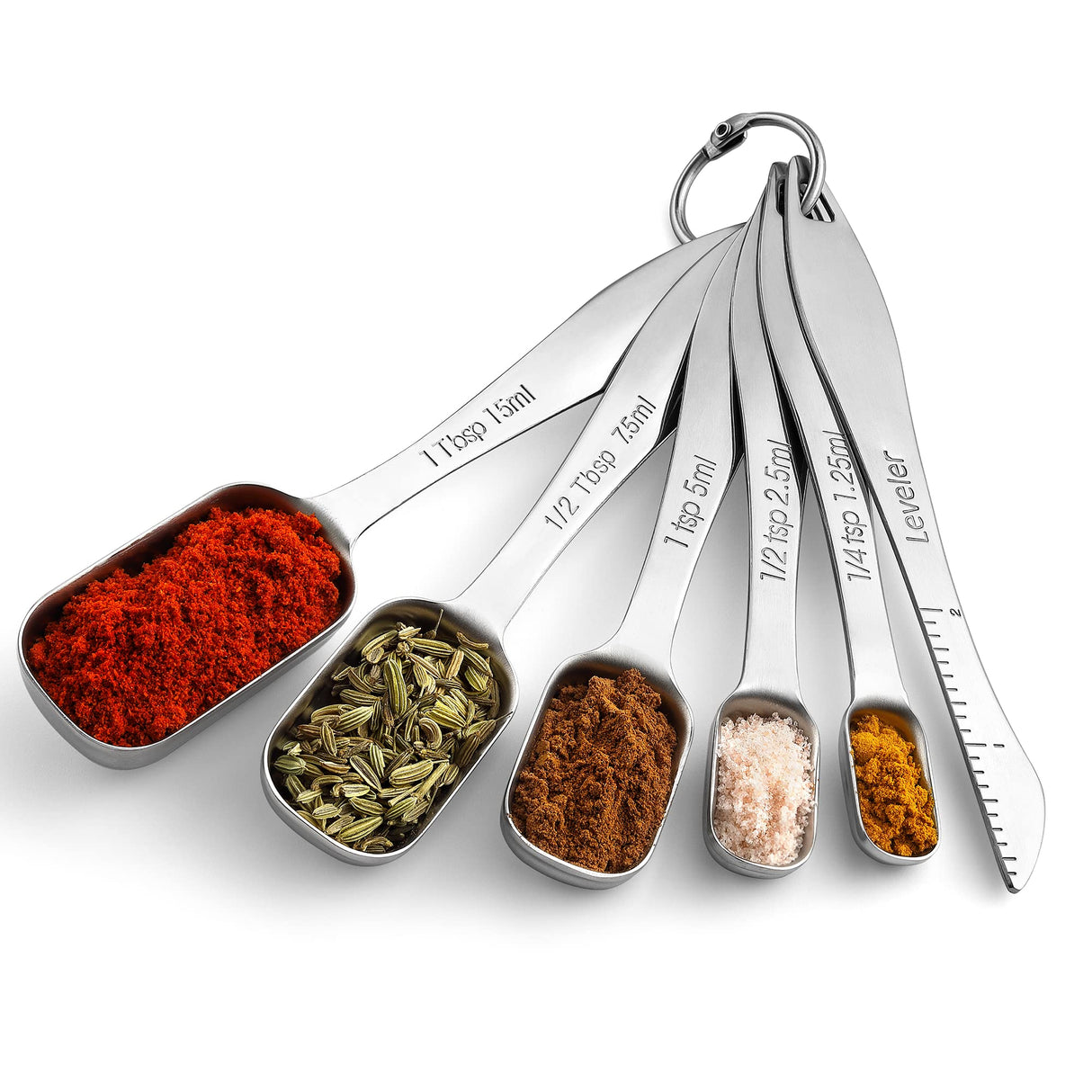 Stainless Steel Measuring Spoons Set of 6 with Leveler, Rectangular Metal Teaspoon & Tablespoon Measuring Spoons for Dry & Liquid Ingredients - Nesting Kitchen Gadgets For Baking & Cooking