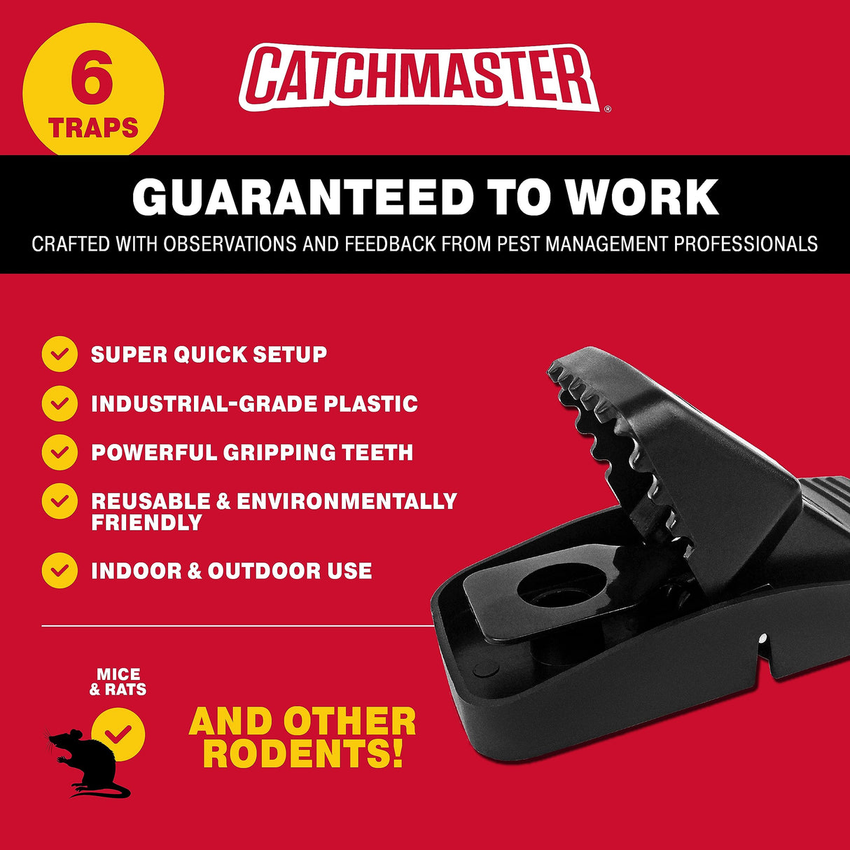 Catchmaster Jumbo Snapper Mouse Traps 6-Pk, Mouse Traps Indoor for Home, Reusable Rodent Killer for House, Outdoor Critter Catcher, Eco Friendly Pest Control for Garage, Basement, & Kitchen