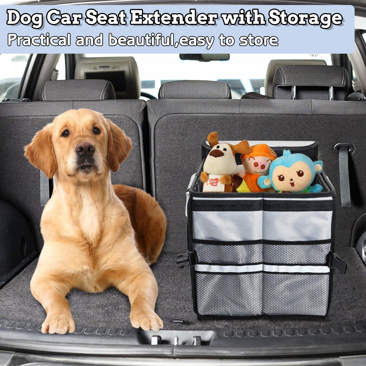 Fhiny Dog Backseat Extender with Storage, 13.4'' x 12'' Collapsible Back Seat Extender for Dogs Pet Front Seat Extend for Car Puppy Car Seat Gap Filler with Pockets for Small & Medium Dogs