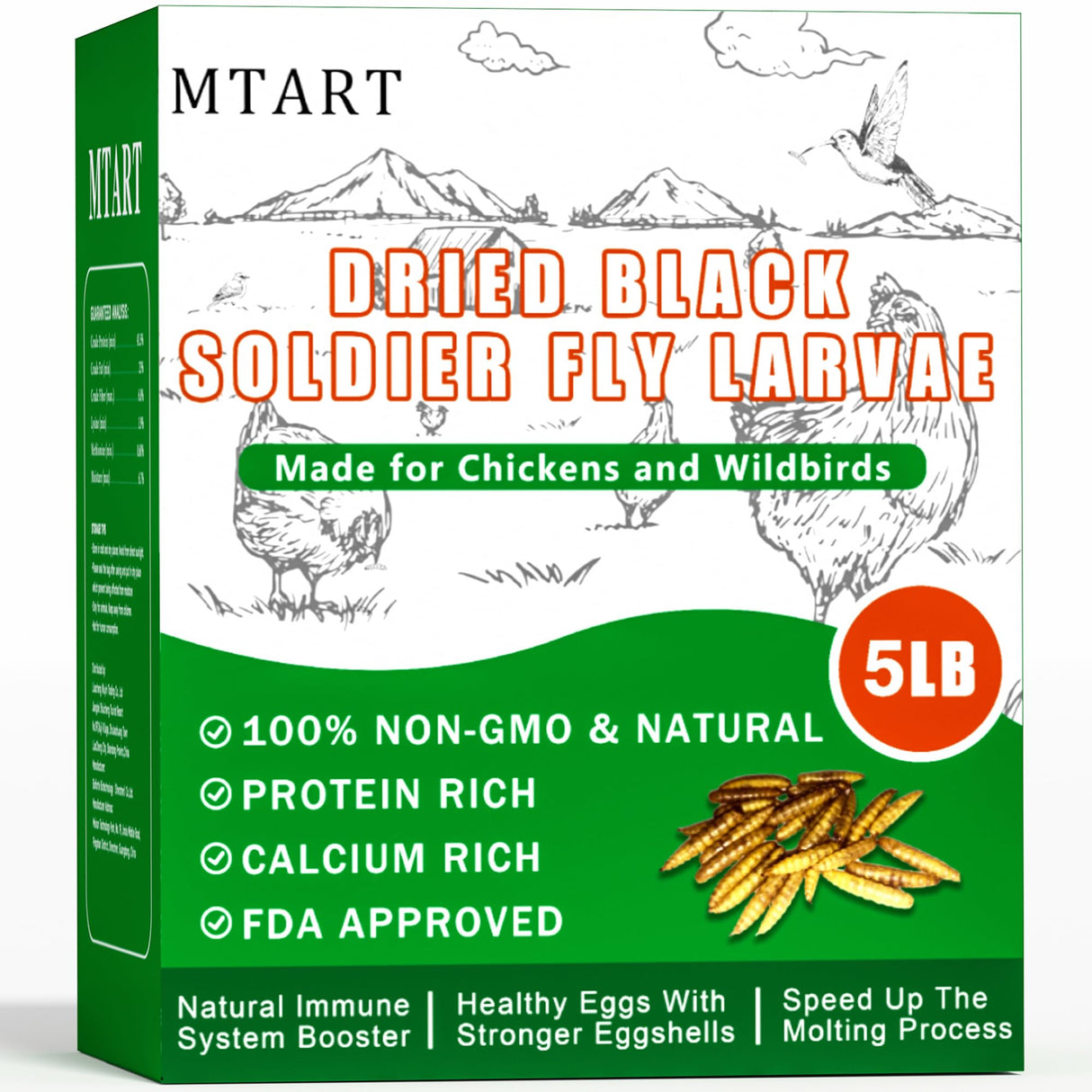 MTART 5LB Dried Black Soldier Fly Larvae Treat for Chicken, 100% Natural Non-GMO More Calcium Than Dried Mealworms High Protein Chicken Feed for Birds, Ducks, Layer Hens