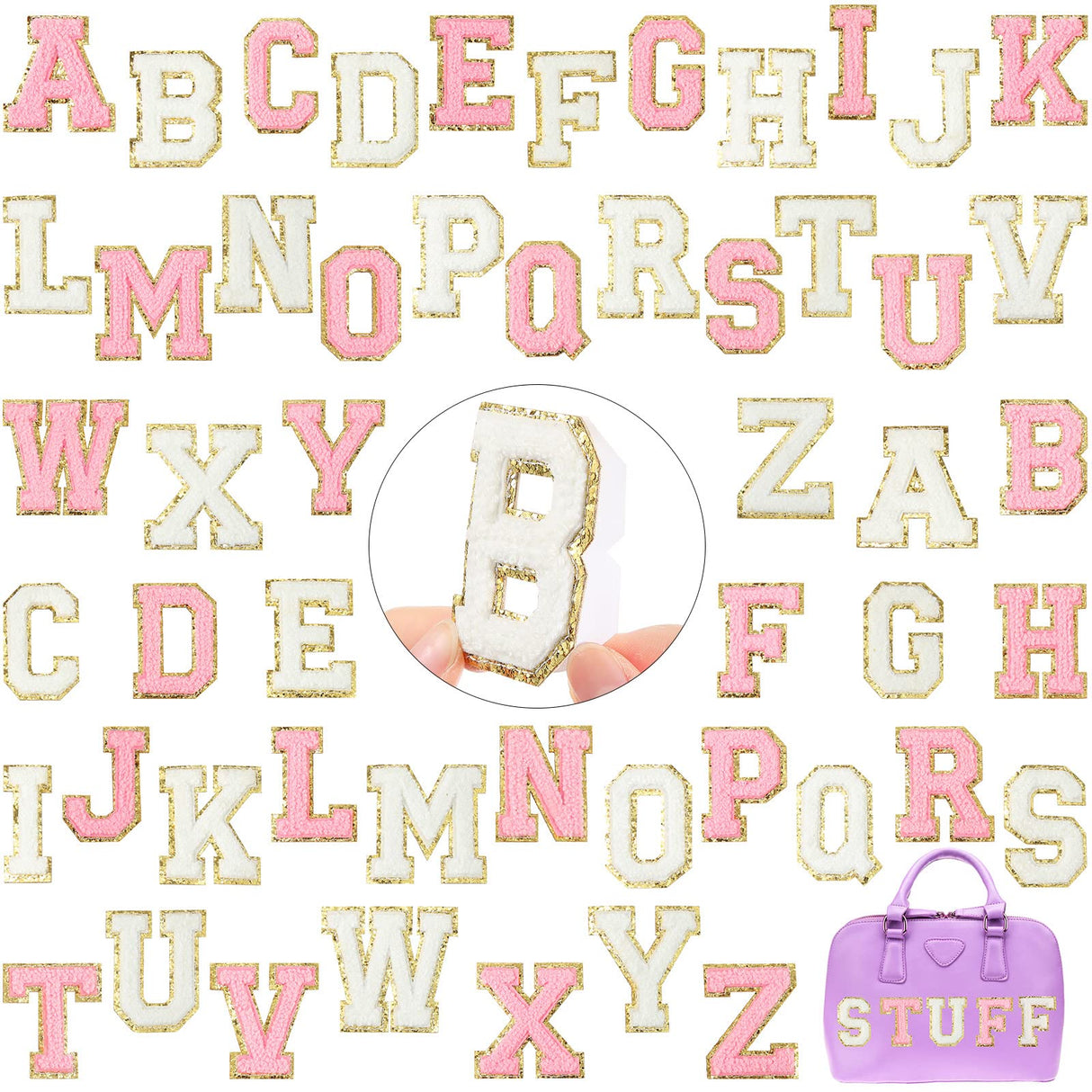 WILLBOND 52 Pcs Chenille Letter Patches Bulk Self Adhesive Letter Patches for Backpacks Stick on Letters Embroidered Applique Patch for Clothing Hats Halloween Christmas Supplies(White, Pink)