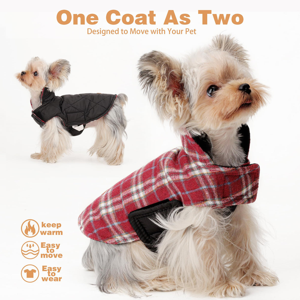 Reversible Warm Dog Coat with Hook and Loop Tape Straps: British-Style Plaid Jacket for Winter, Cozy Cold-Weather Vest for Small, Medium & Large Dogs ¨C Ideal for Snow and Outdoor Adventures Red M