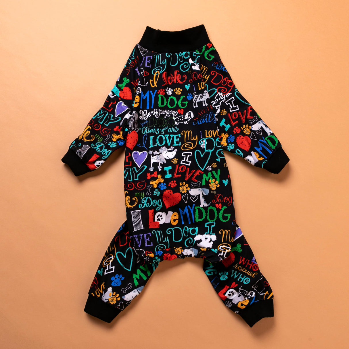 LovinPet Large Dog Pajamas, Wound Care/Post Surgery Shirt, UV Protection, Love My Dog Text on Black Print, UV Protection, Pet Anxiety Relief, Large Dog Onesies, Pet PJ's /3XL