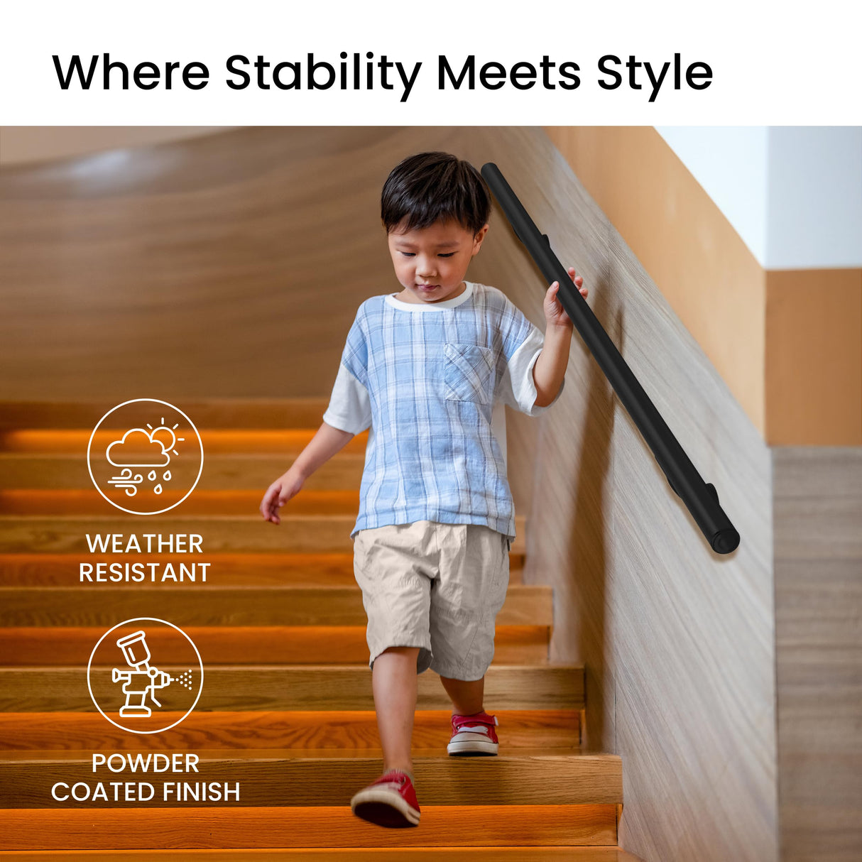 Meranti Aluminum Handrail for Indoor or Outdoor Steps and Stairs – Hand Rails for Elderly – DIY Complete Stair Railing Kit (7' Length, Black)