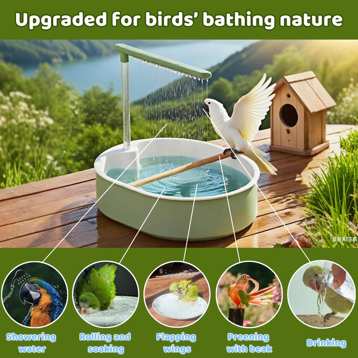 ianjetty Parakeet Bird Bath for Cage Indoor, Parrot Bird Shower Budgie Bath Splash Guard, Automatic Circulating Water Bathtub for Pet Bird, Lovebird, Cockatiel, Finches, Cockatoo, Conure