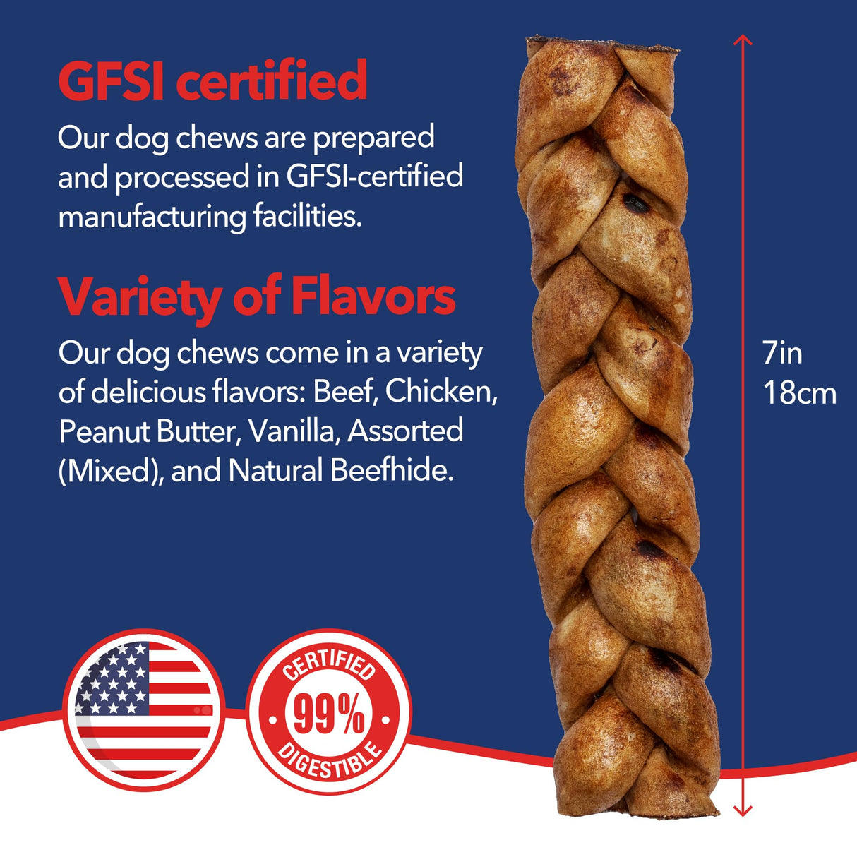 Pet Factory 7in Braided Beefhide Dog Chew Sticks with Peanut Butter Flavor - 100% USA Made Rawhide Chews for Medium Dogs, Long Lasting Dental Health, 7 inches (Pack of 6)