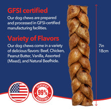 Load image into Gallery viewer, Pet Factory 7in Braided Beefhide Dog Chew Sticks with Peanut Butter Flavor - 100% USA Made Rawhide Chews for Medium Dogs, Long Lasting Dental Health, 7 inches (Pack of 6)
