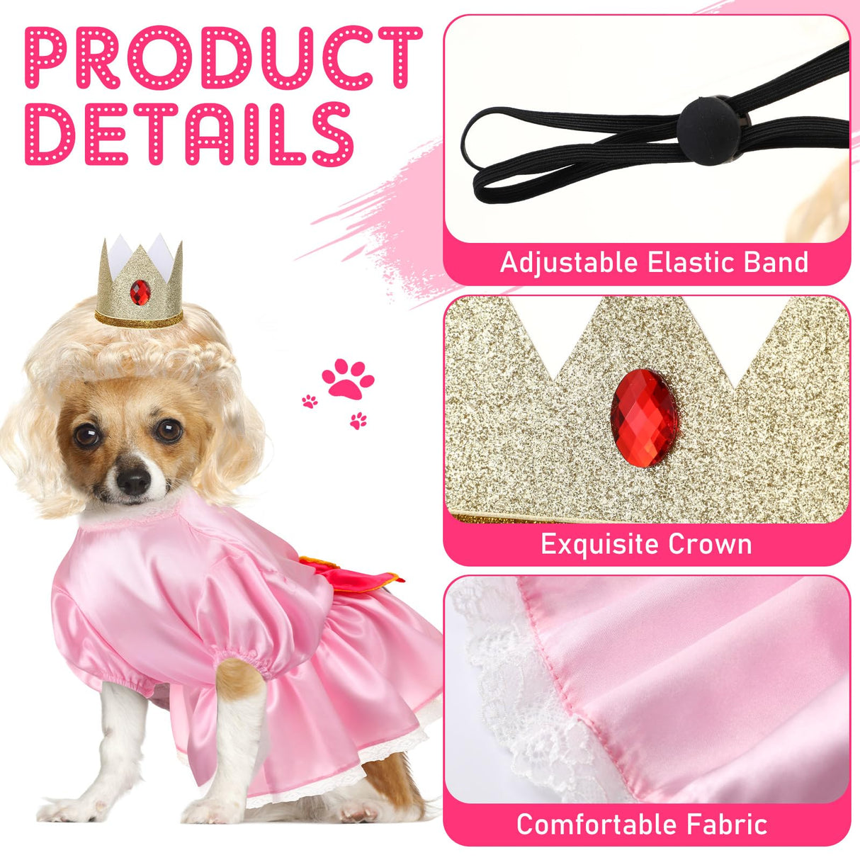 Huhumy 3 Pcs Halloween Princess Pet Costume Set, Pink Princess Pet Costume Including 1 Pink Dress, 1 Golden Wig, 1 Crown for Cosplay, Halloween Costumes, Small to Medium Body Types