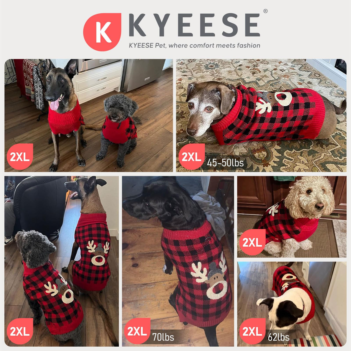 KYEESE Dog Christmas Sweater with Snowman Design, Turtleneck Dog Sweater for Medium Dogs, Cozy Holiday Outfit, Red Buffalo Plaid Knitwear with Leash Hole, Soft Warm Pet Clothes, XX-Large