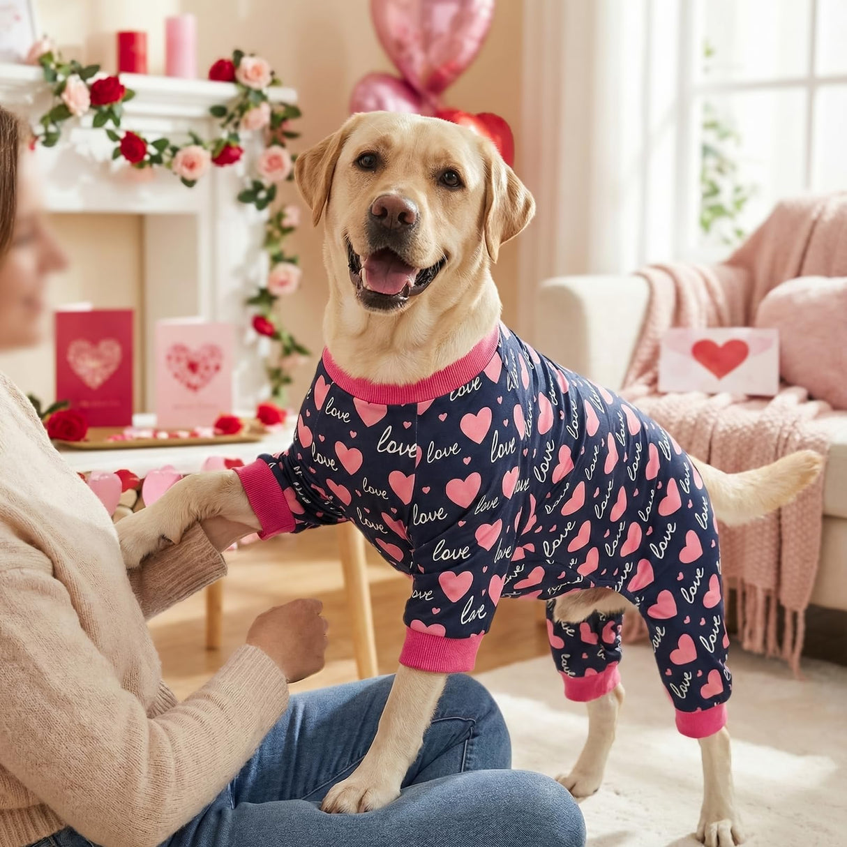 CooShou Valentine's Day Dog Pajama Heart Pattern Dog Onesie Jumpsuits Soft Pet Love-Themed Pjs Festival Dog Outfit Costume Apparel Clothes for Medium Large Dogs Blue L