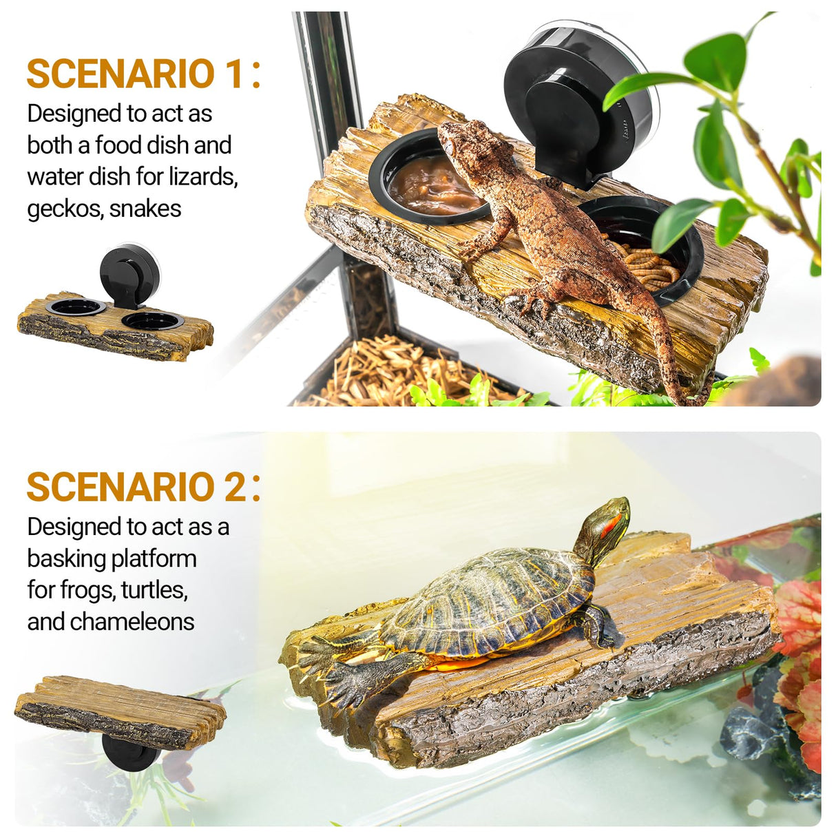 CAVACHEW 2 in 1 Reptile Feeding Ledge & Turtle Basking Platform, Resin Suction Cup Feeder with 4PCS Cups, Terrarium Water Bowl Food Dish - Tank Accessories for Crested Gecko Lizards & Aquatic Turtles