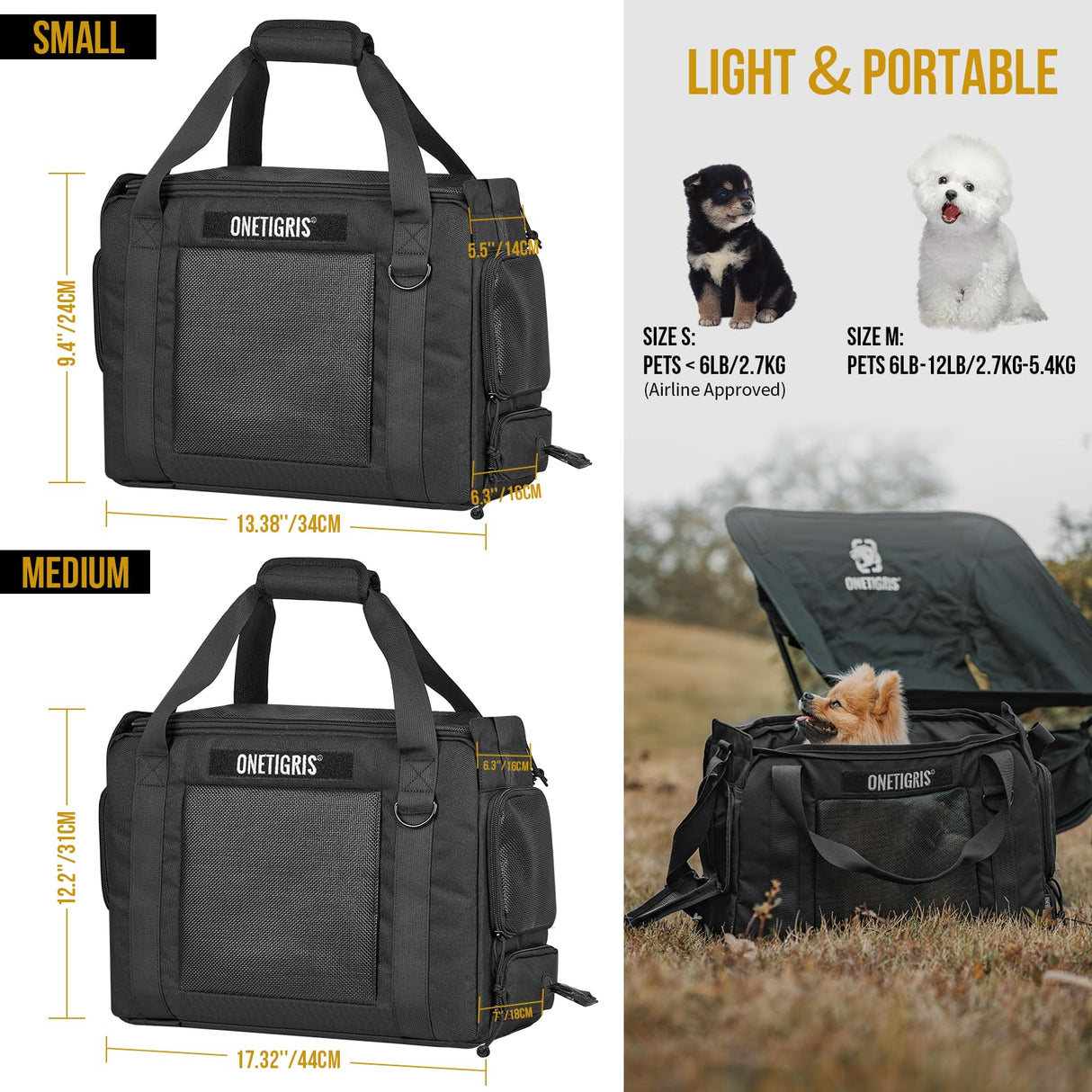 Onetigris Portable Pet Carrier for Small Puppy Dog and Cat, Multi Carry Way Soft Sided Carrier, Lightweight Adjustable Travel Pet Carrier for Outdoor Walking, Vet Visit, Camping, Up to 12lbs