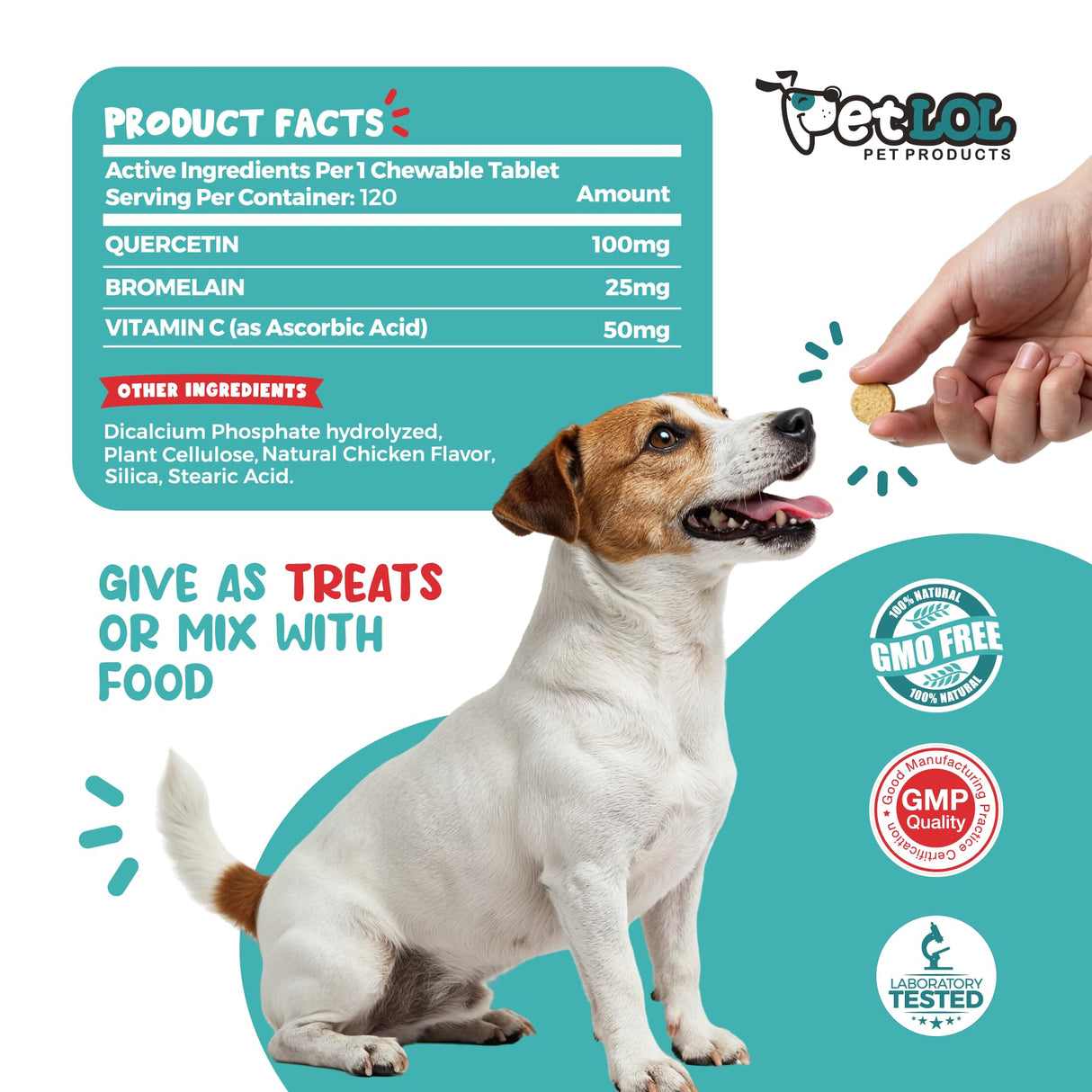 PET LOL Quercetin for Dogs with Bromelain & Vitamin C - Allergy & Itch Relief, Immune & Inflammatory Support - 120 Chewable Tablets Made in USA