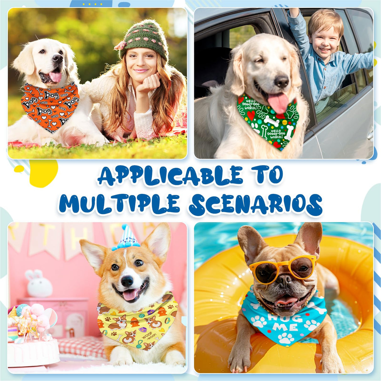 Bensbl 30Pcs Dog Bandanas Bulk Adjustable Washable Triangle Pet Bandanas Cartoon Bone Paw Print for Small Medium Large Dogs Grooming Daily Wear Birthday Party