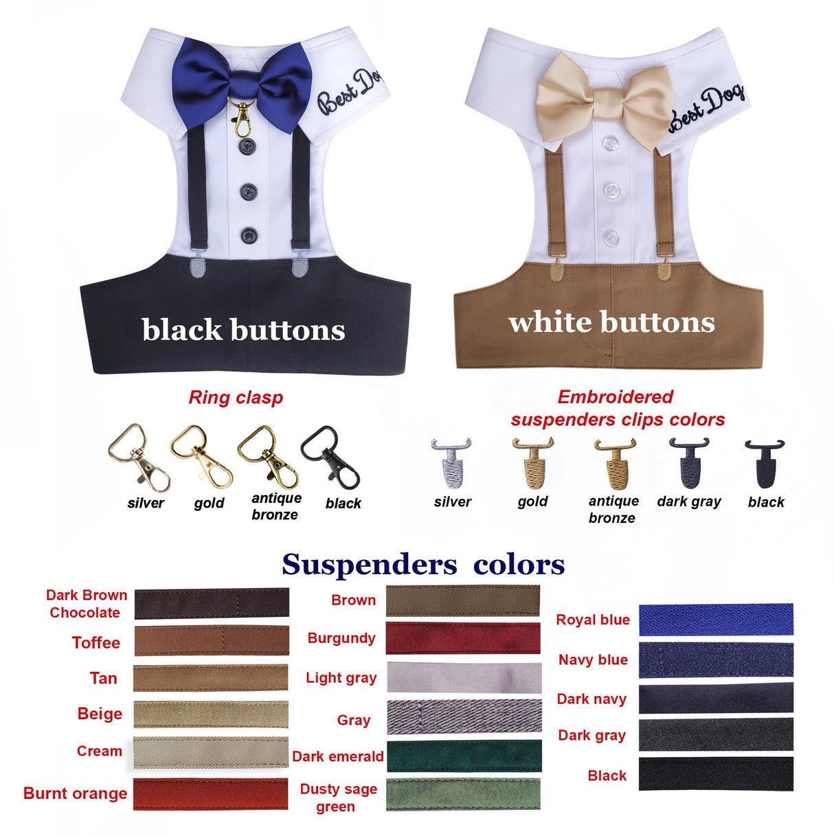 Personalized Best Dog Harness with Bow Tie, Suspenders & Custom Embroidered Text | Wedding Dog Tuxedo | Optional Ring Bearer Clasp | Perfect Attire for Wedding & Birthday by ACORD EU (Dark Gray)