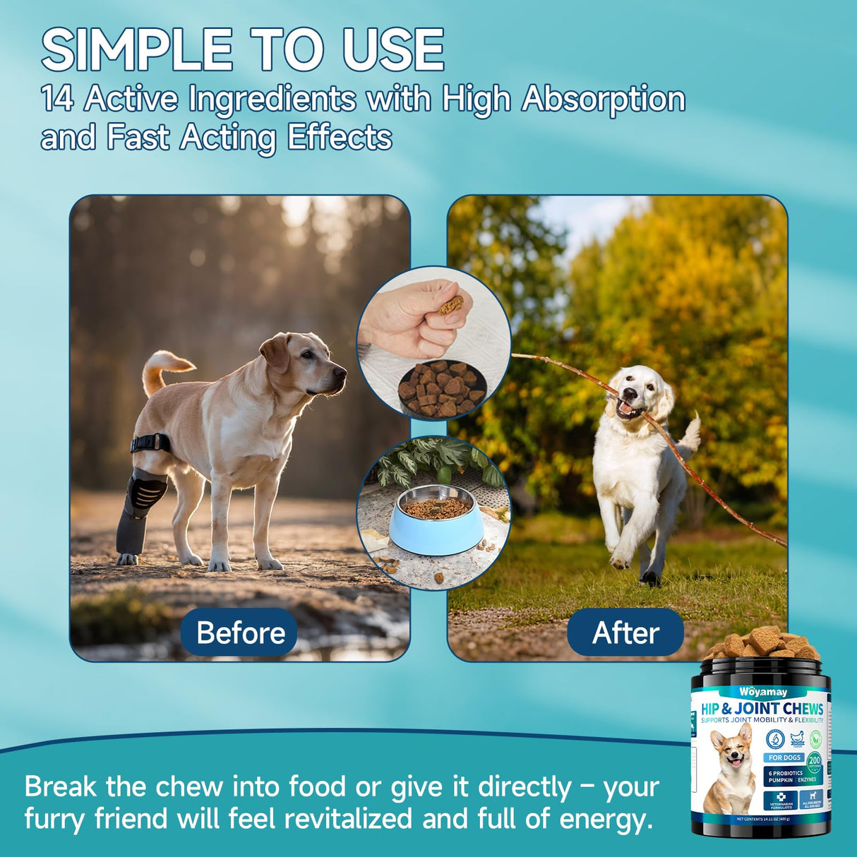 Hip and Joint Supplement for Dogs, Glucosamine for Dog Joint Supplement, 200 Soft Chews with Glucosamine, Chondroitin and MSM Dog Hip and Joint Supplement for All Ages and Breeds, Chicken Flavor
