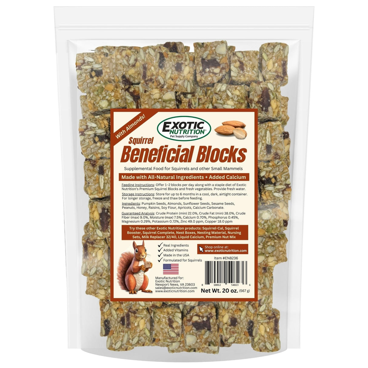 Exotic Nutrition Squirrel Beneficial Blocks - Healthy & Unique Supplemental Food with Nuts & Seeds, 20 oz