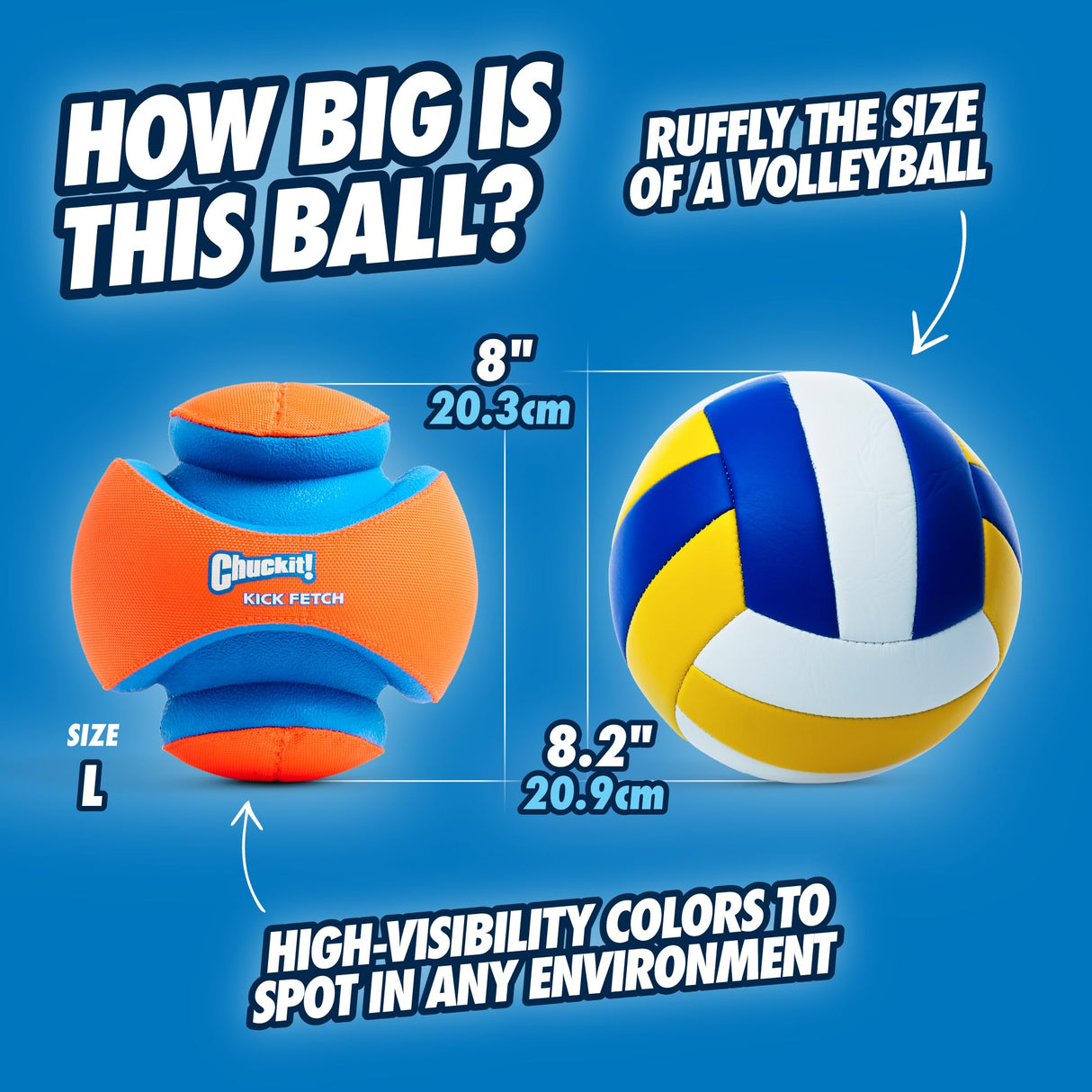 Chuckit! Kick Fetch Ball Dog Toy - Floats in Water - Perfect for Interactive Play - Made with Durable Rubber and Foam - For Large Dogs - Size Large - 8-inch Diameter - Pack of 1