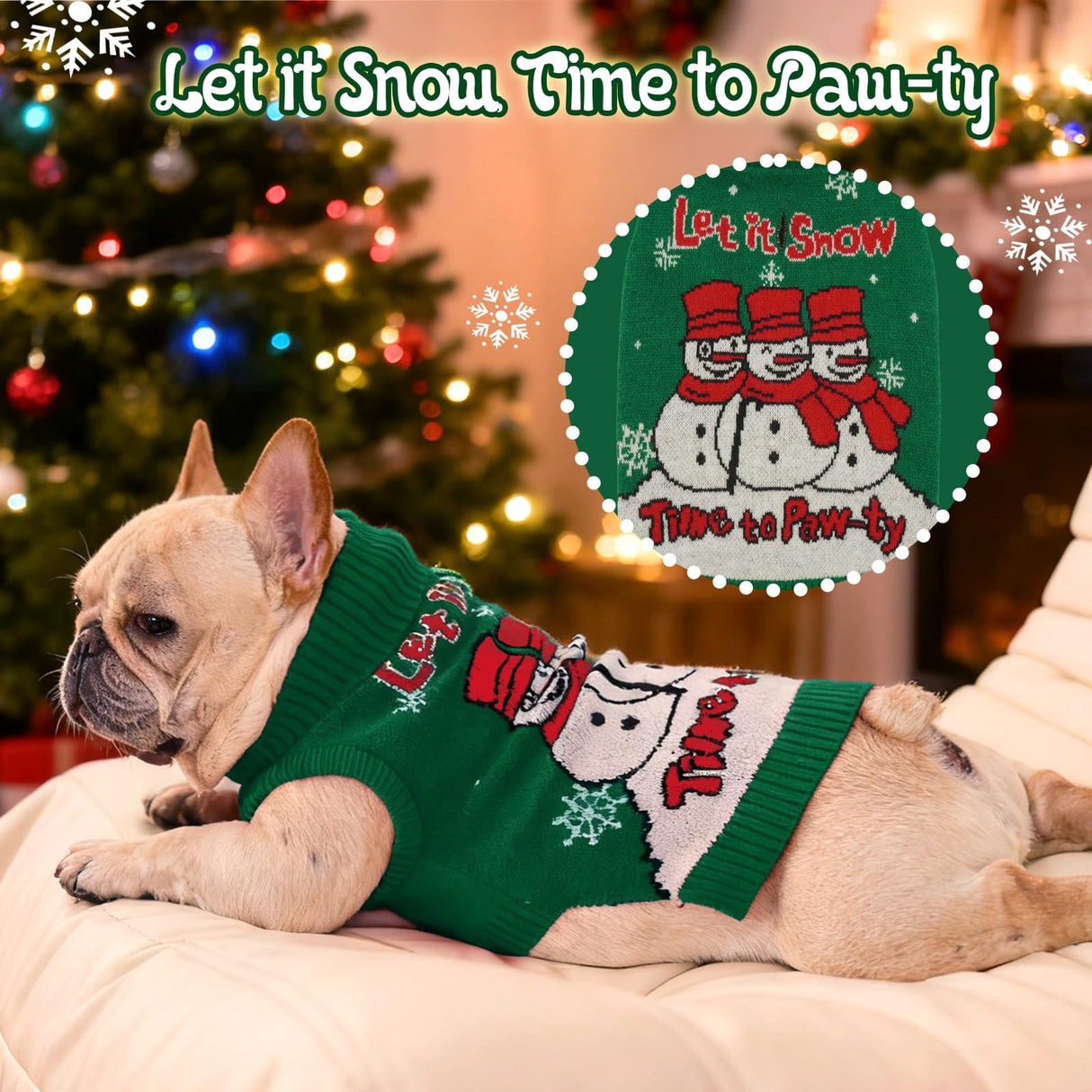 IECOii Dog Christmas Sweater, Dog Sweater for Small Dogs Girl Boy Pullover Knitwear for Holiday, Snowman & Snowflake Christmas Sweaters for Cold Weather Dog Turtleneck with Leash Hole, Green, M