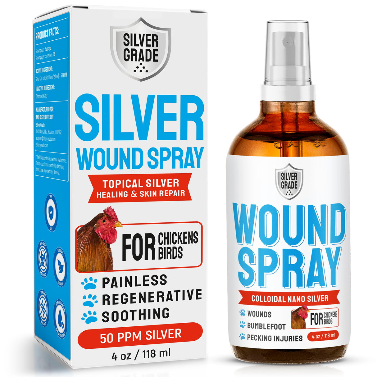 SILVER GRADE Wound Spray for Chicken from Birds & Chicken Antibiotics Alternative to Help with Pecking Sores, Bumblefoot, Cuts – Poultry Spray with Silver – GMOs Free – 4-Oz Bottle