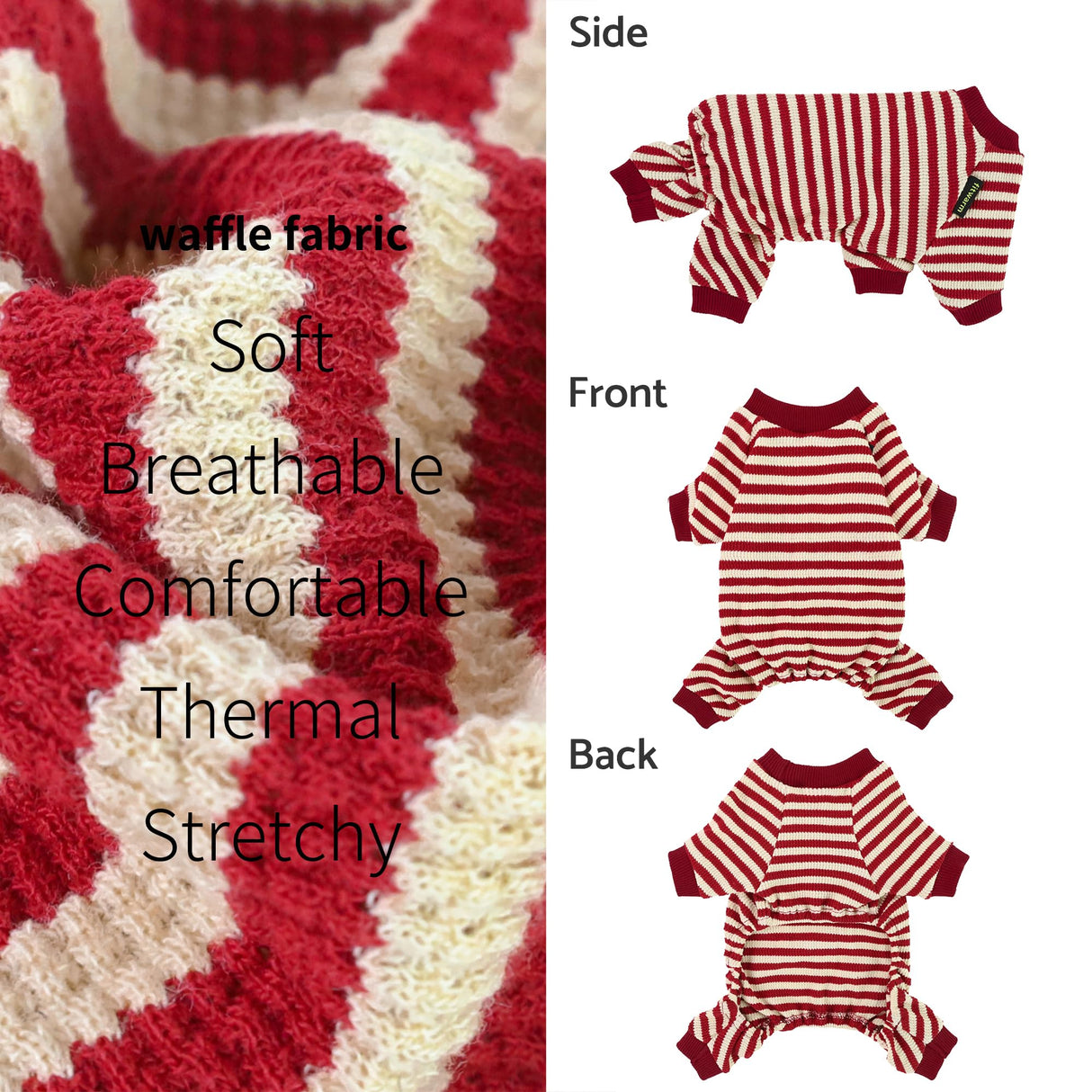 Fitwarm Red and White Striped Dog Pajamas, Waffle Dog Clothes for Small Dogs Girl Boy, Puppy Onesie with Feet, Pet Christmas Outfit, Small