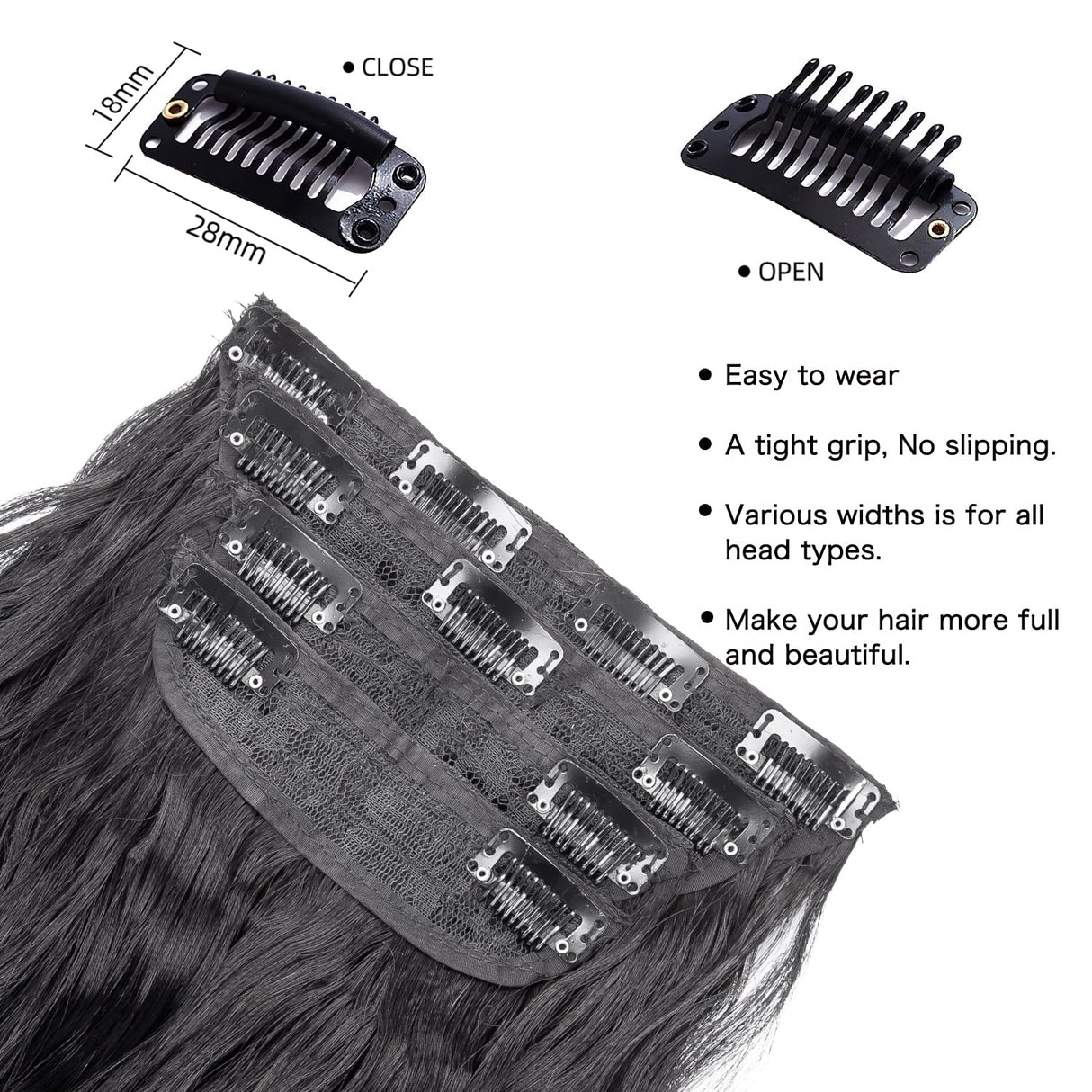 Black Hair Extensions, 20 Inches Soft Synthetic Curly Hair Extensions Clip ins (Color: Black)