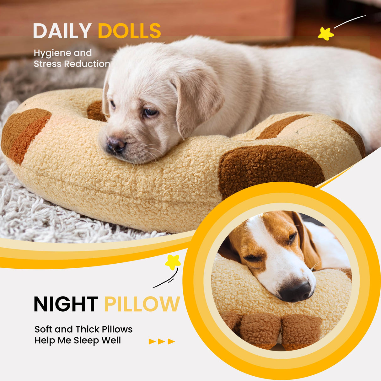 HiPetpy Dog Pillow - Soft Neck Pillow for Dogs, Washable Dog Calming Pillows for Better Sleep, Reduces Anxiety, Gift for Medium/Large Dogs and Cats (Yellow)
