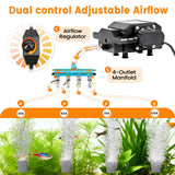 AQQA Powerful Aquarium Air Pump Adjustable Oxygen Aerator with 4 Air Outlets, All Accessories Included for Large Fish Tanks, Ponds & Hydroponic Systems, Commercial Use, Up to 600 Gal (12W, 257 GPH)