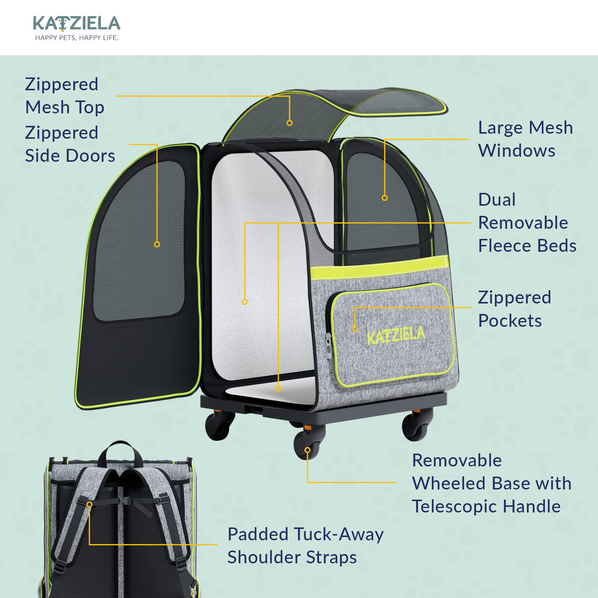 Katziela Wheeled Pet Carrier Backpack - Soft Sided, Airline Approved Hiking Carrying Bag for Small Dogs and Cats – Removable Rolling Wheels – Mesh Ventilation Windows, Storage Pockets (Green/Gray)