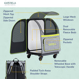 Katziela Wheeled Pet Carrier Backpack - Soft Sided, Airline Approved Hiking Carrying Bag for Small Dogs and Cats – Removable Rolling Wheels – Mesh Ventilation Windows, Storage Pockets (Green/Gray)