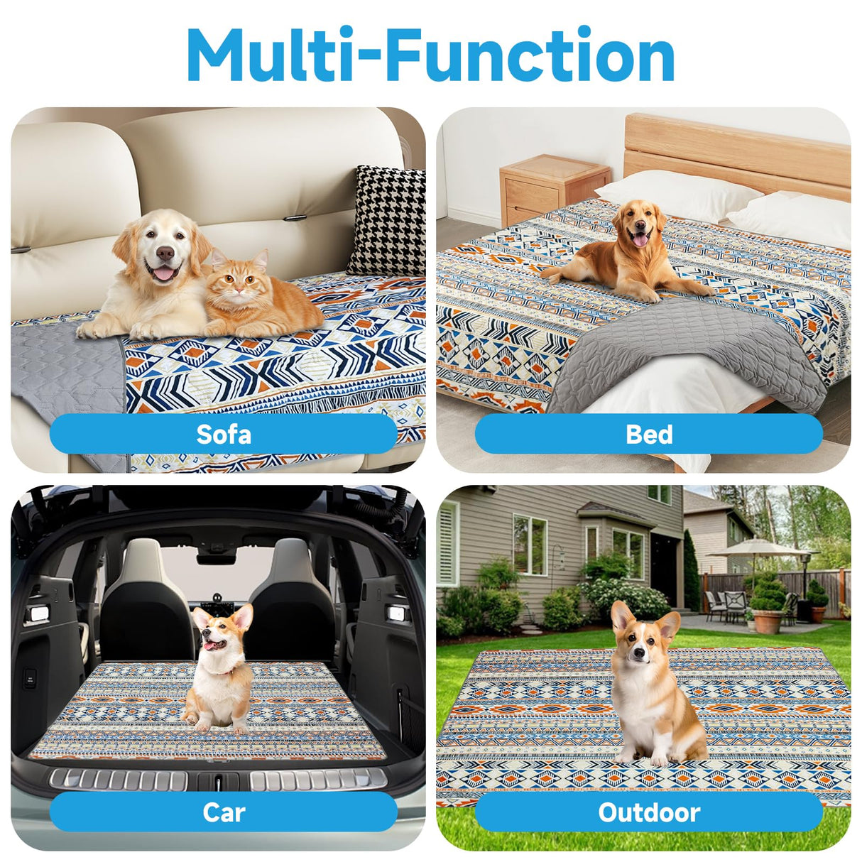 YOSEPATI Waterproof Dog Blanket, Bohemian Dog Bed Cover Pet Blanket, Reversible Sofa Couch Cover for Dogs Washable, Protect Furniture Bed Couch Sofa for Puppy Cat (Blue Medallion, 68×82 Inch)
