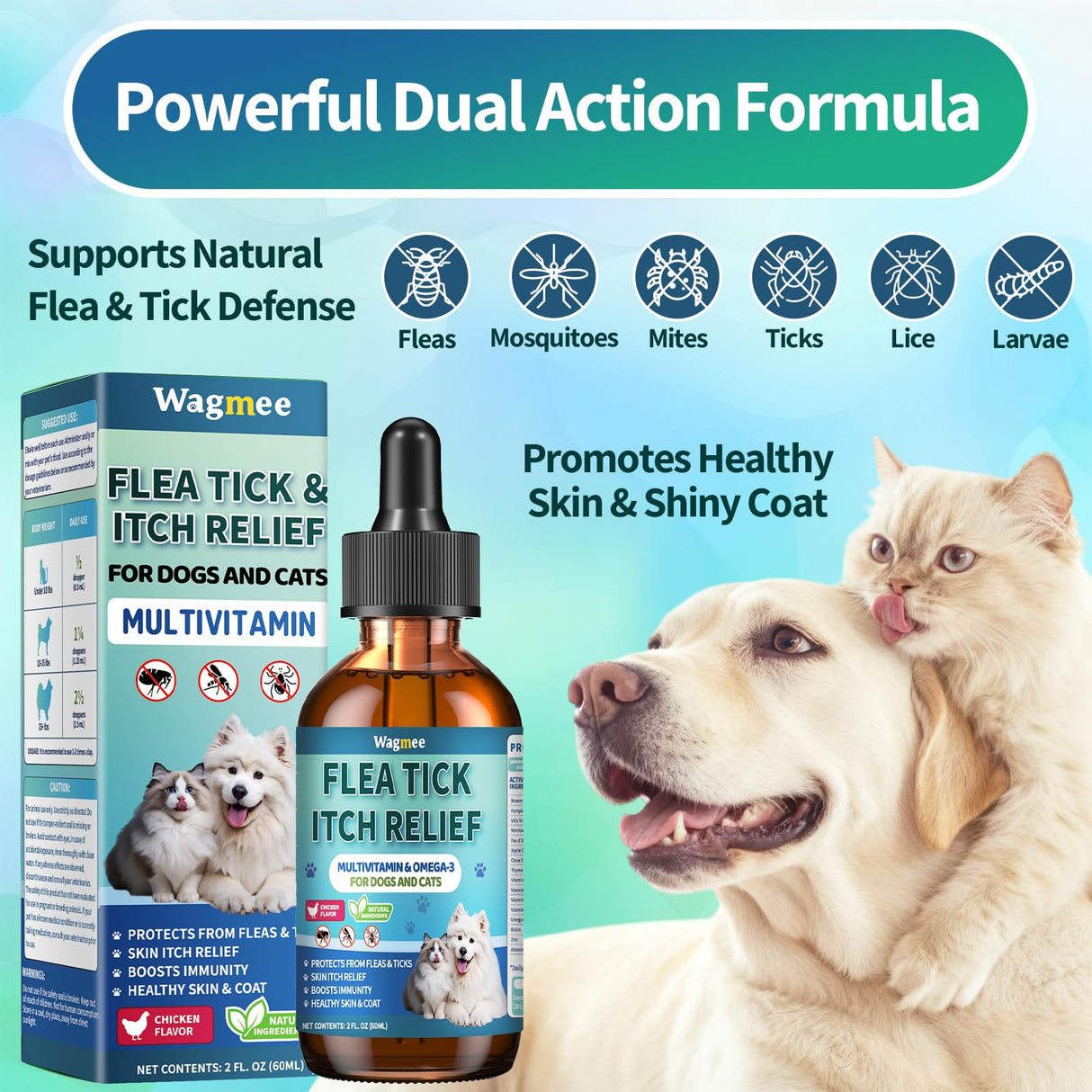 Flea and Tick Prevention for Dog and Cat, Natural Oral Flea & Tick Itch Relief Support Drops with Multivitamin for Pets - Supports Healthy Skin & Coat - Oral Supplement for All Breeds & Ages - Chicken