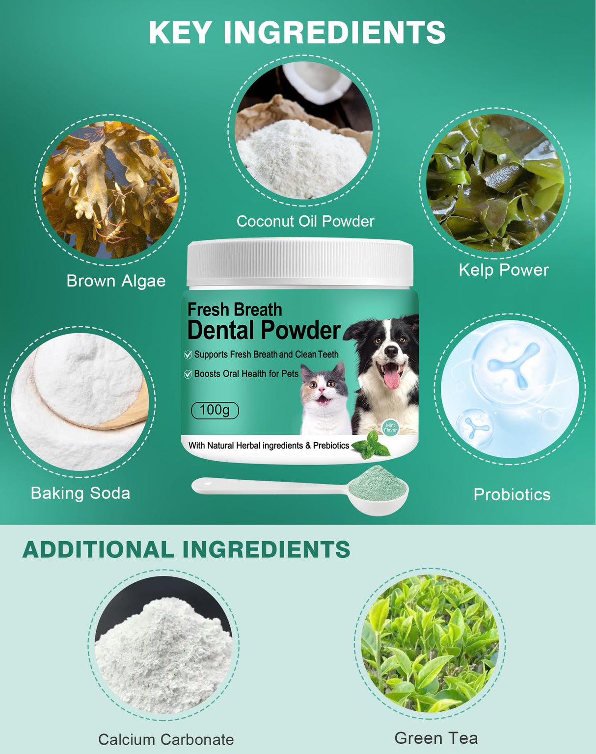 Koite Dog Teeth Cleaning Powder 100g Mint Fights Plaque & Tartar Freshens Breath All-Natural Ingredients for Dogs of All Breeds and Ages Easy to Use Dog Dental Powder E