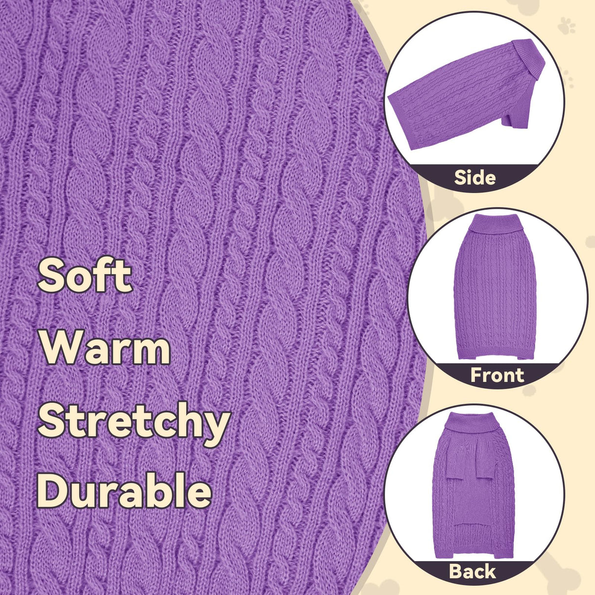 KCFESTIHUE Dog Sweater for Big Dogs Boys Girls Turtleneck Pullover Cable Knit Winter Stretch Clothes Labrador Bulldog Pitbull Doberman with Long Sleeves (XL, Purple)