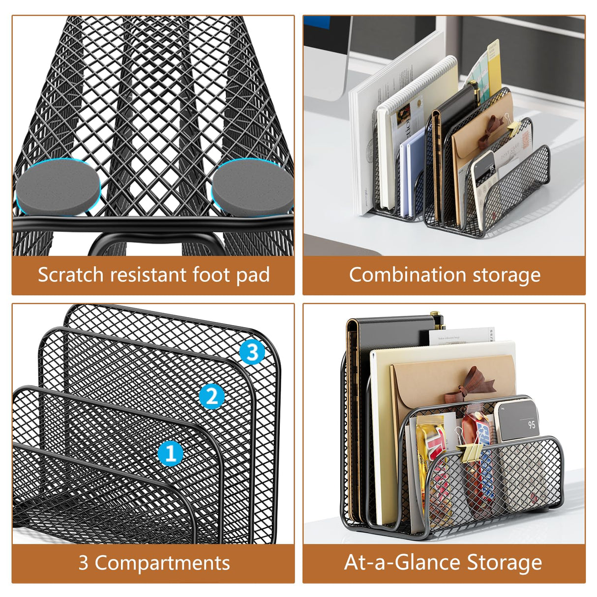 gianotter Mail Organizer Countertop, Book Shelf,Metal File Holder with 3-Slot, Book Shelf, Bill Organizer for Office Receipts and Letter Paper Storage (Black)