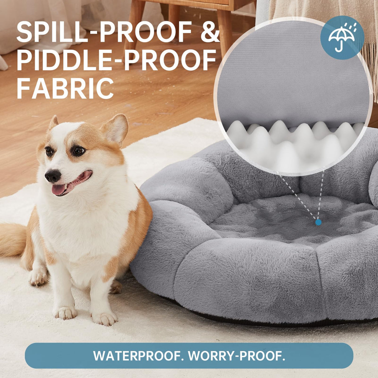 OhGeni 31 inches Calming Donut Orthopedic Dog & Cat Bed for Medium Pets, Warming Comfort Fluffy Short Pile Fur, Durable Waterproof Machine Washable Removable Cover, Round Bed for Puppy, Light Gray