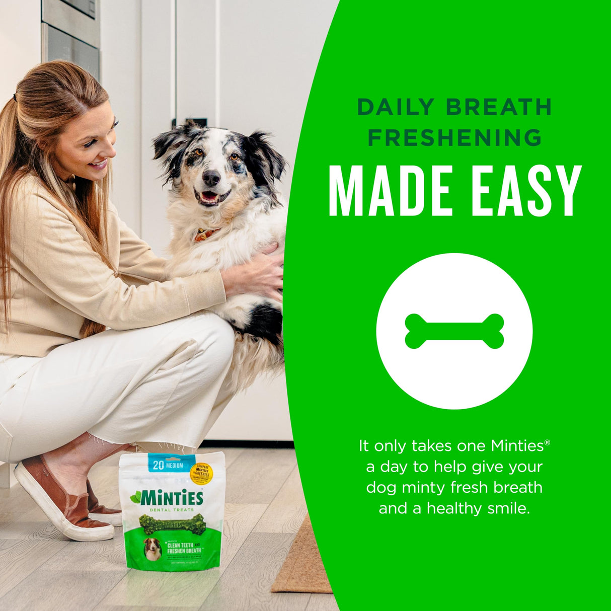 Minties Dental Chews for Dogs, 60 Count, Vet-Recommended Mint-Flavored Dental Dog Treats for Medium Dogs, Bones Clean Teeth, Fight Bad Breath, and Removes Plaque and Tartar