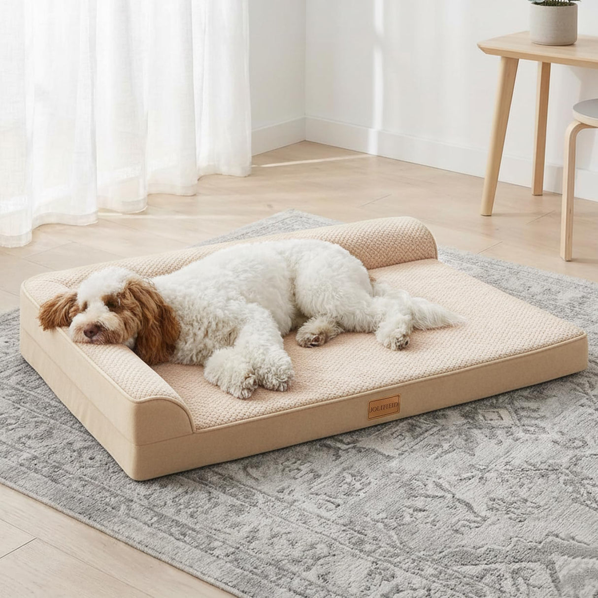 Jolifield Orthopedic Dog Bed Large Sized Dog 36''X24'', Waterproof L Bolster Egg Crate Foam Pet Crate Beds with Washable Removable Cover, Non-Slip Soft Pet Couch Sleep Mat, Ivory