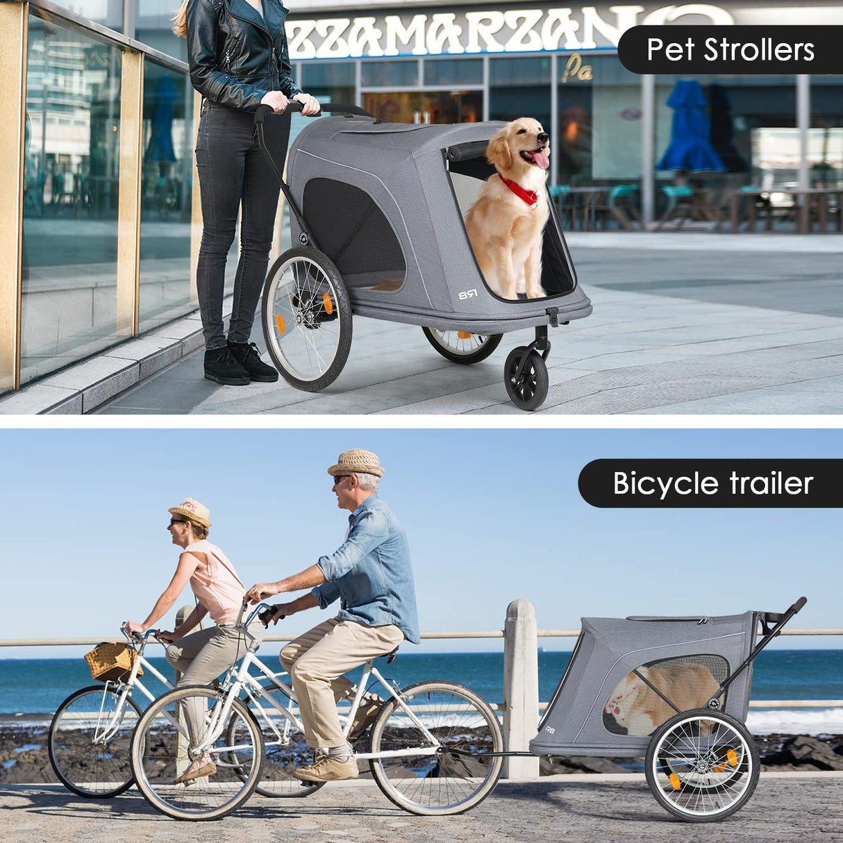 Beberoad Pets R8 Extra Large Foldable Pet Stroller, Dog Stroller & Pet Trailer for Large Dogs Under 100 lbs, Unmovable, Disabled & Pregnant Dogs - Conveniently Carriable by Bike and Car, Grey
