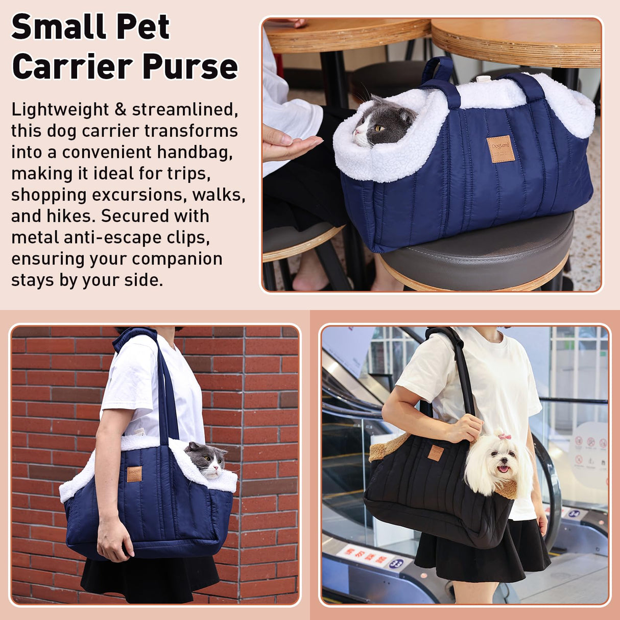 ETIAL Small Dog Carrier Purse, Winter Fleece Warm Dog Tote Bag Carrier with Secure Harness Clip for Puppy Kitten, Waterproof Pet Travel Handbag for Shopping, Hiking and Walking (Black)