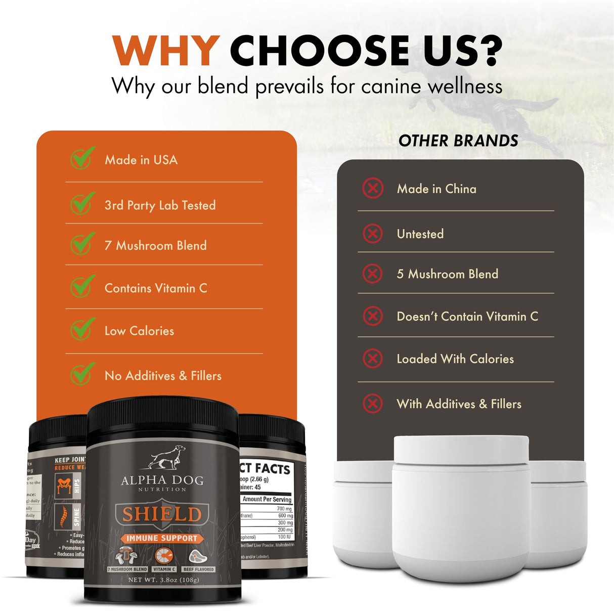 Shield Allergy Immune Support Supplement for Dogs by Alpha Dog Nutrition - 7 Nutritional Mushroom Powder Complex + Vitamin C to Boost Immunity - Up to 120 Servings for Small Breed Dogs, 108g