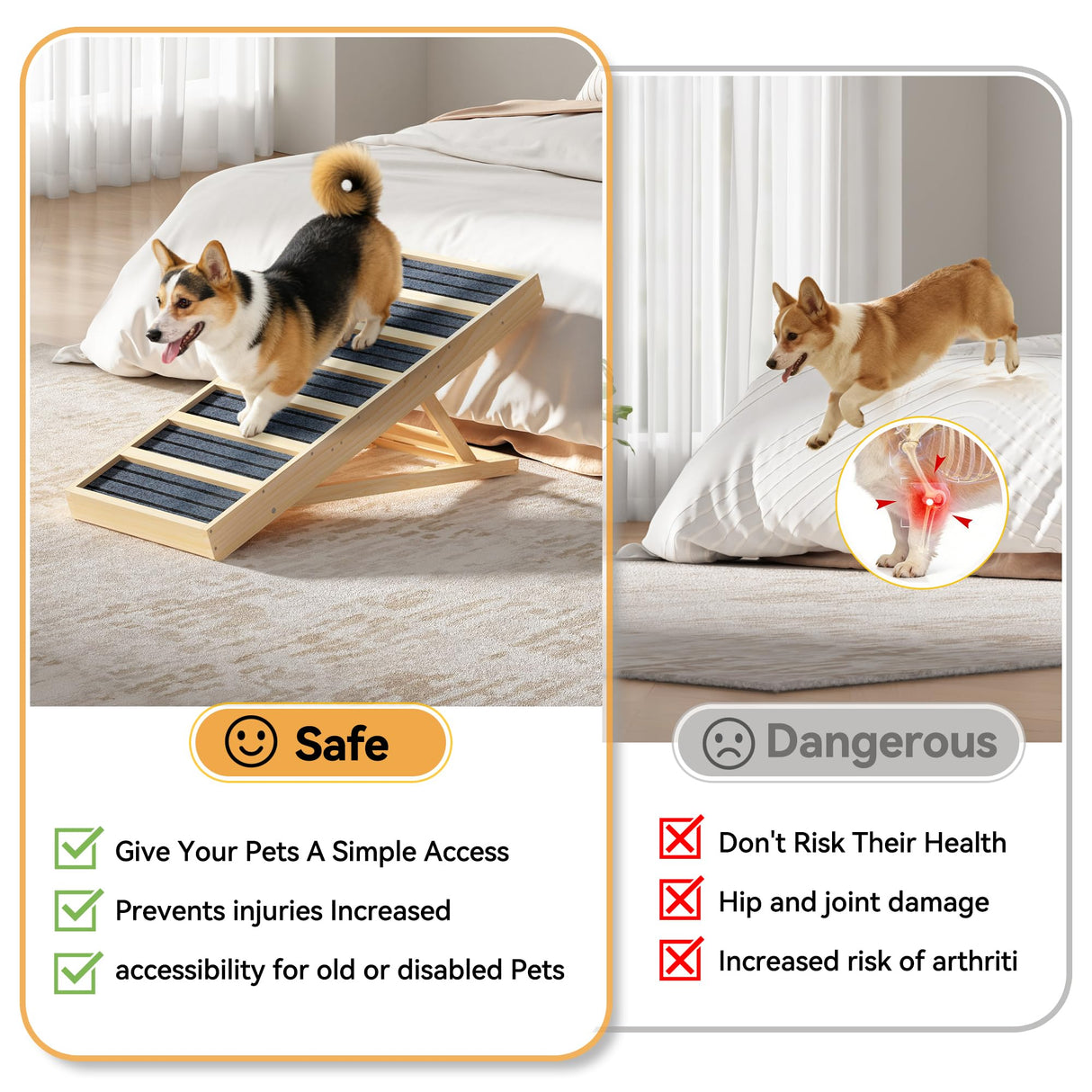 Dog Ramp for Bed, Couch- Upgraded Non-Slip Wooden Pet Ramp with Sturdy Construction, 4 Adjustable Heights (16" to 22"), Supports 132 lbs for Small & Medium Dogs
